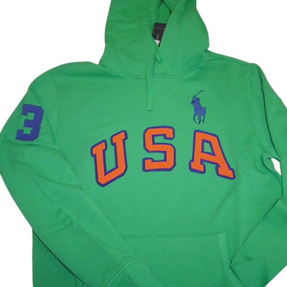 NEW Vintage Polo Ralph Lauren Hoodie Sweatshirt! Green Huge USA Blue Polo Player